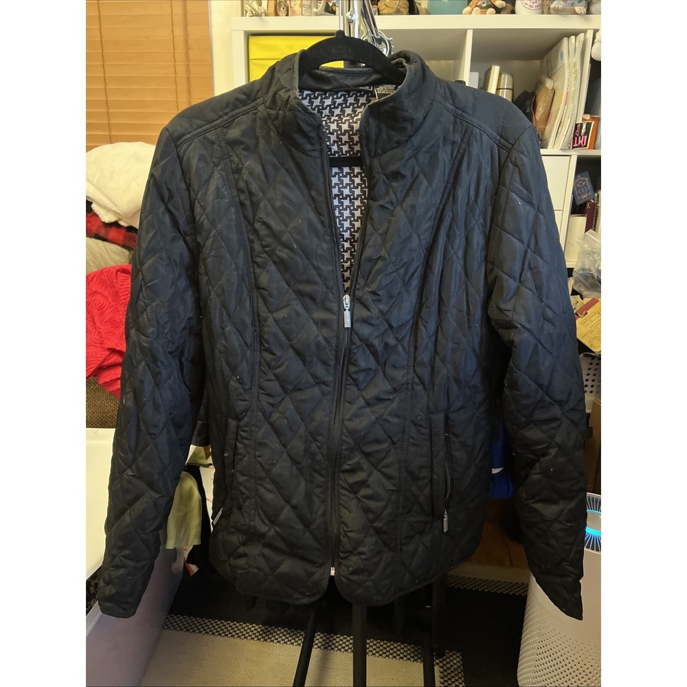 Jane Ashley Womens Quilted Jacket XL Black Full Zip Mock Neck Pockets Mid-Length